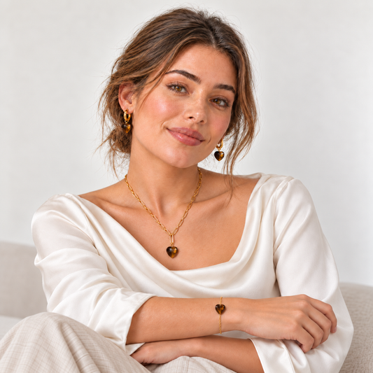 Model in cremefarbener Bluse mit goldfarbener Halskette, Creolen und Armband mit Tigerauge-Herzen.