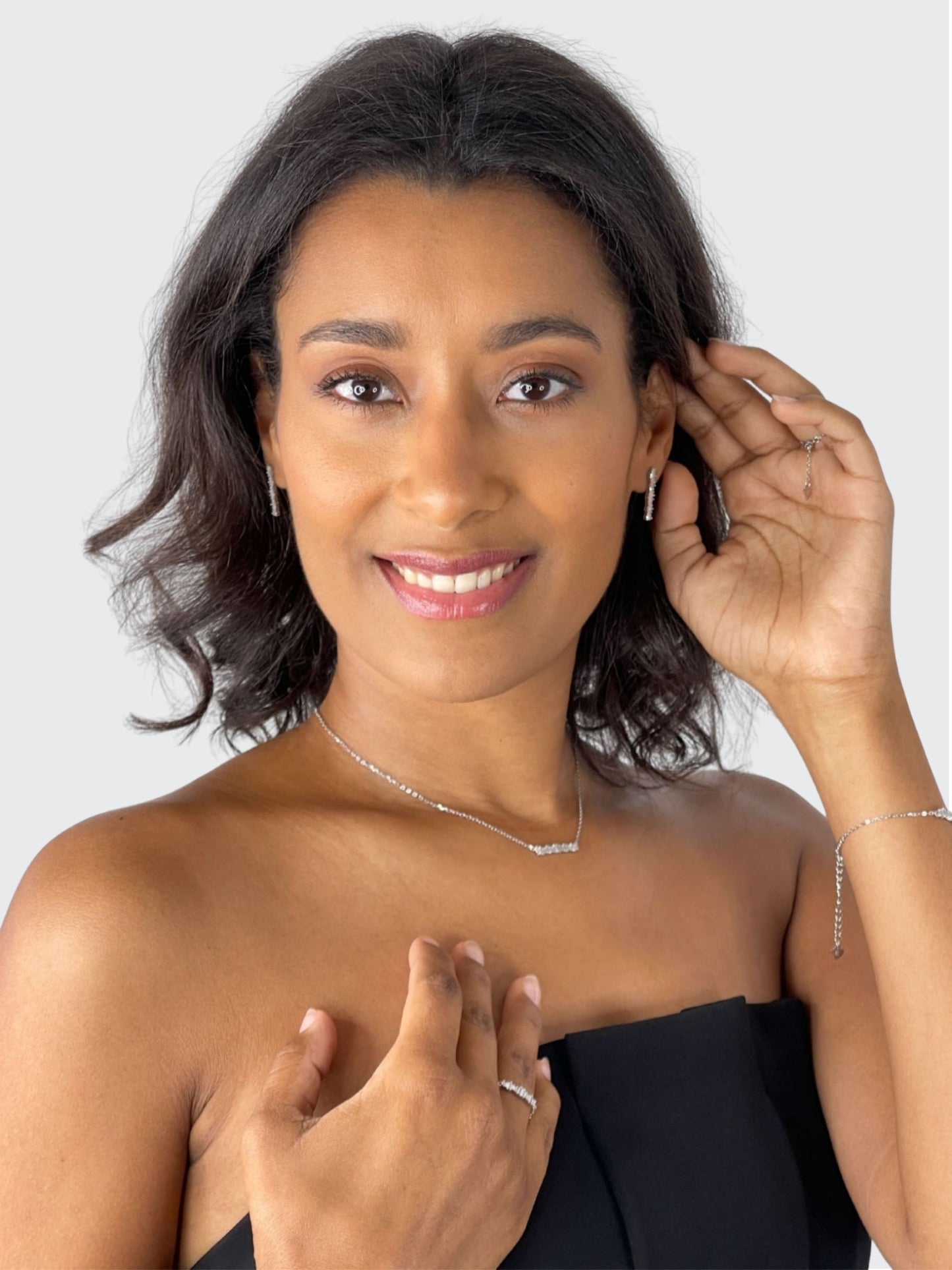 Crystal Line necklace in sterling silver worn by model