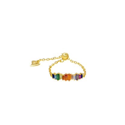 Verstellbarer Chain Ring „Color 22“ aus 18K vergoldetem Silber mit bunten Zirkonia-Steinen.